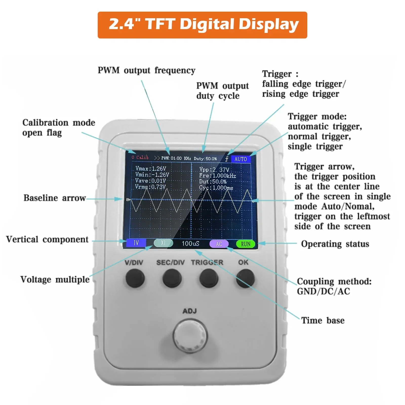 Inch TFT Digital Oscilloscope Portable European and American Standards Electronic Component Tester