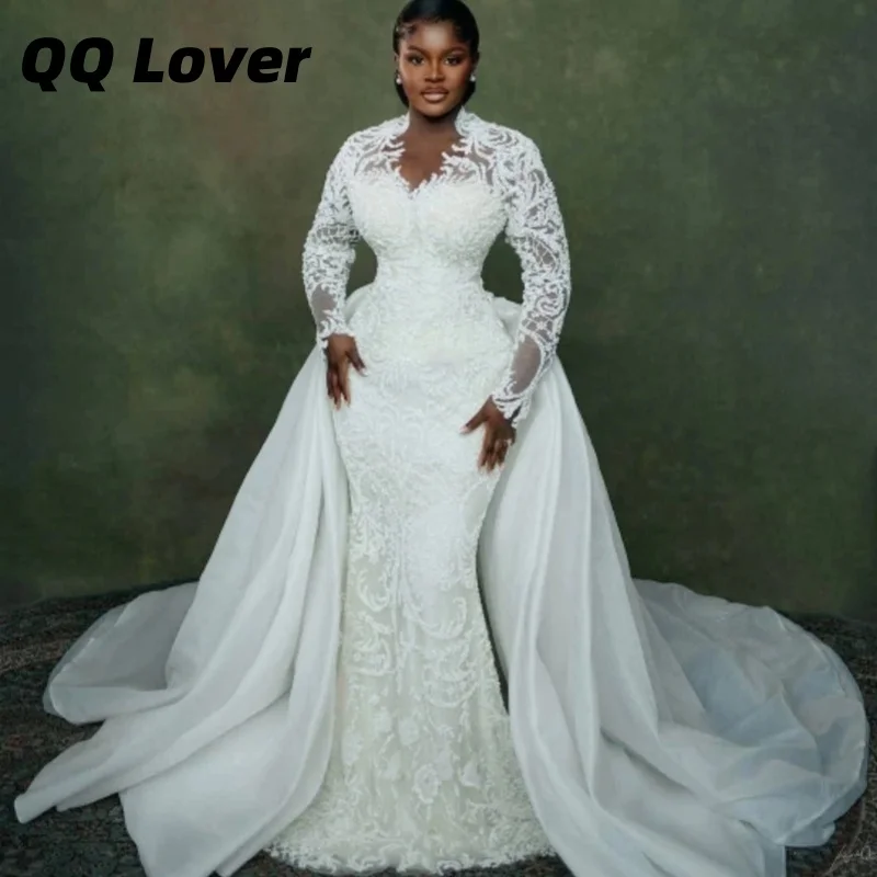 

Customized Long Sleeves Lace Wedding Dresses for Women Long Ruffles Tassels Bride Dress Vintage Outfit Bridal Gown
