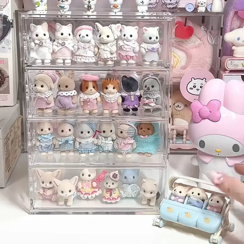 多層アクリル収納ボックス家庭用かわいい人形ディスプレイボックス透明ベージュピンクイエローグリーンカラー人形ショーケースボックス