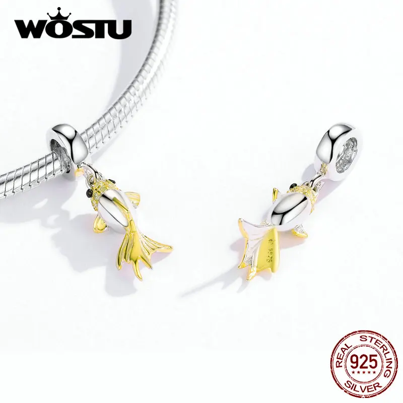 WOSTU Hot Sale 925 Sterling Silver Fish Tail Mermaid Beads Charms Pendant Fit Bracelets Women Party DIY Fine Jewelry Gift Making