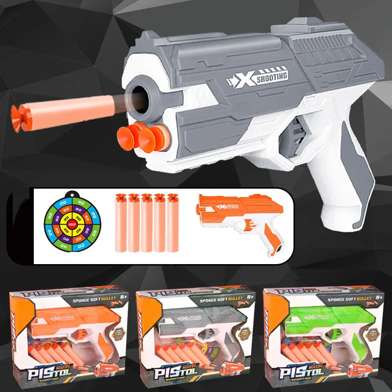 Pistolet na miękkie kulki, pistolet na kule, pistolet na strzałki, kolorowy plastikowy model do strzelania, wyrzutnia z pudełkiem, prezent urodzinowy dla chłopców.