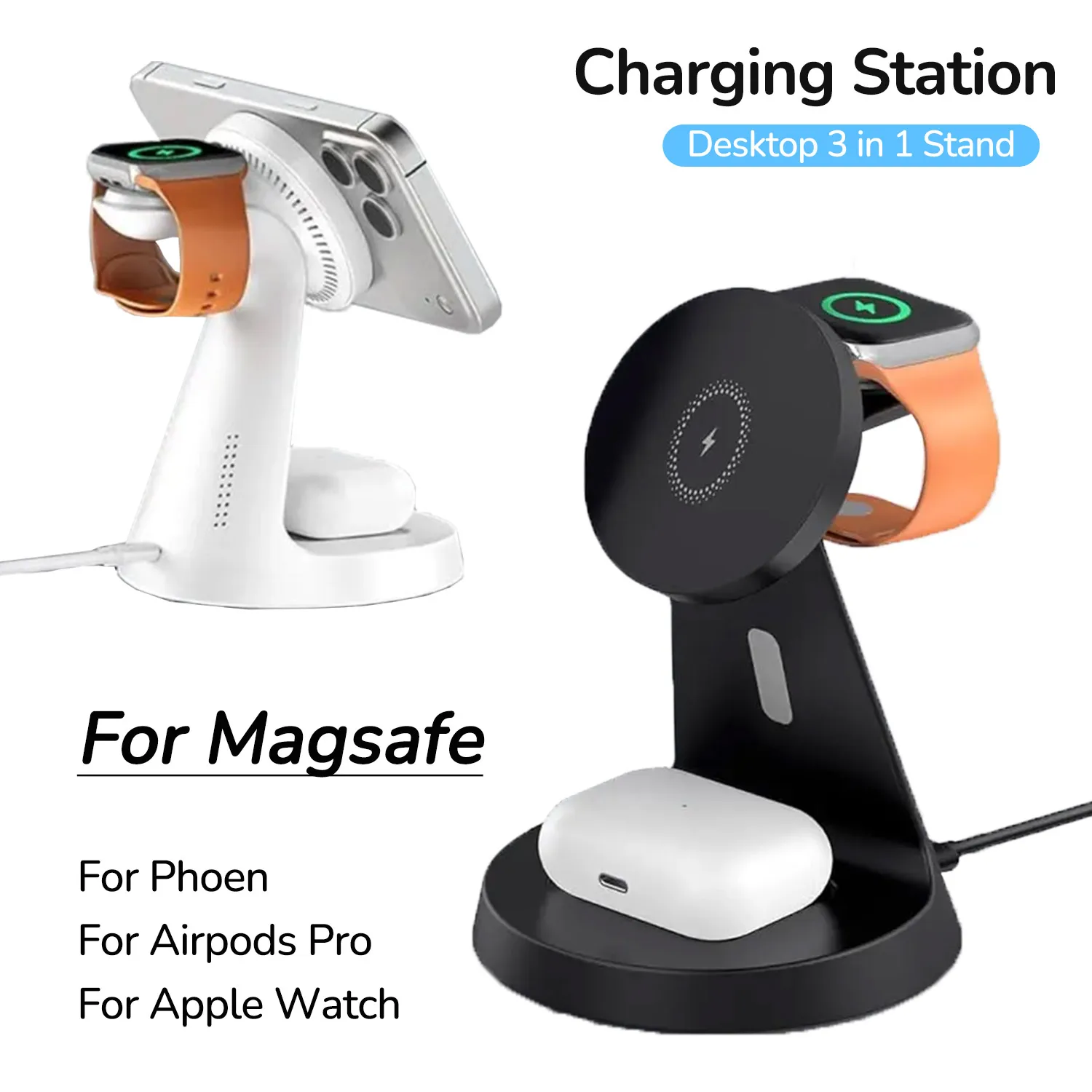 

Настольная станция быстрой зарядки 3-в-1 для беспроводного зарядного устройства Magsafe для iPhone 17, 16, 15, 14, 13, 12, Apple Watch 11-2 SE Airpods 4 Pro