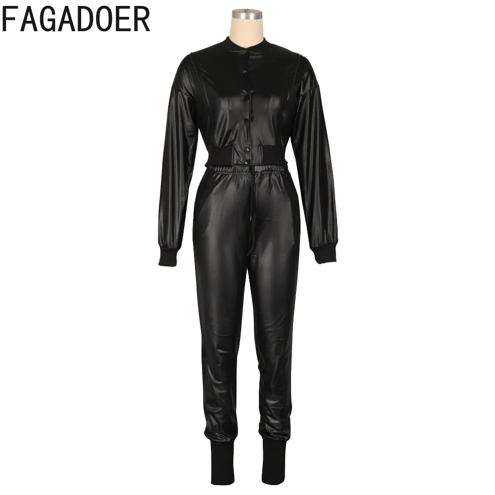 FAGADOER Leather Black 2 Piece Set Outfit Sexy Hollow Long Sleeves Buttons Crop Jacket + High Waist Drawstring Pants Suit Autumn