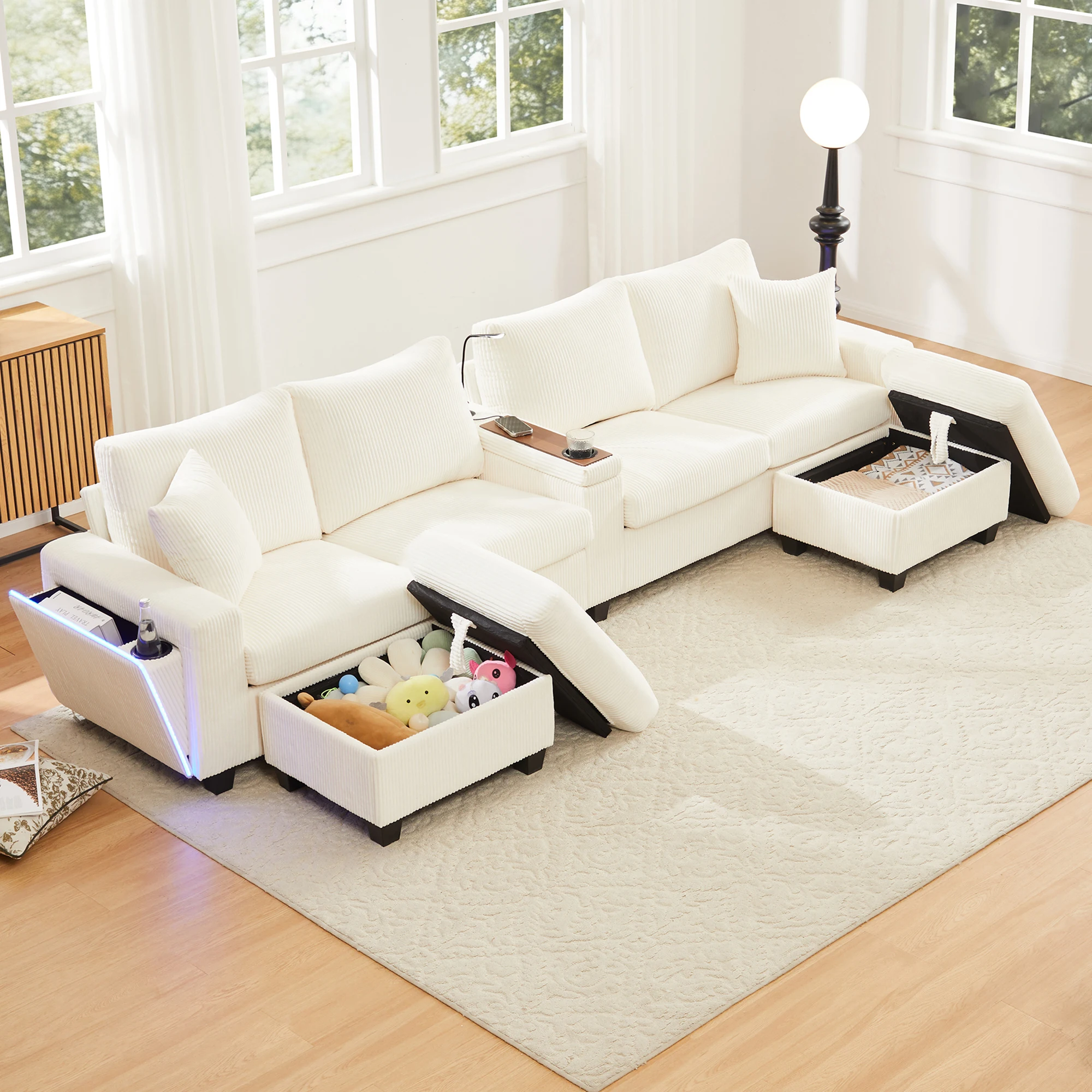 Sofá panorámico en forma de U: LED, USB-C, luz de lectura, almacenamiento, asiento modular, terciopelo acanalado - beige