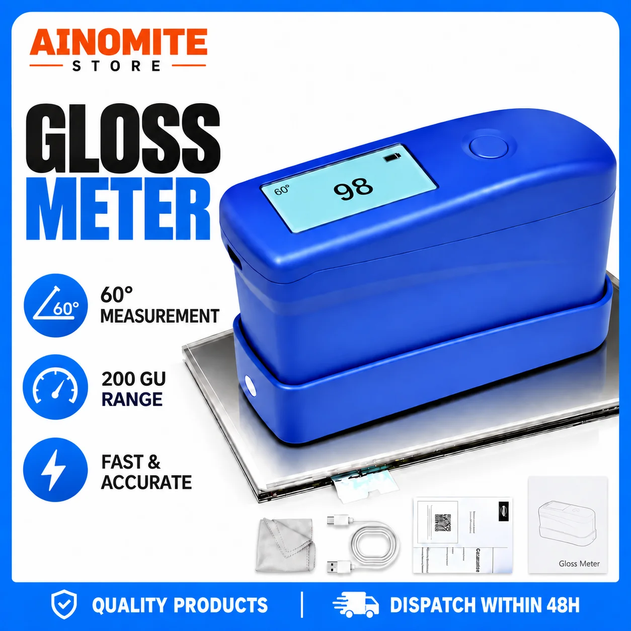 60° Gloss Meter 200GU with Batch Testing, Digital Glossmeter 1GU Resolution ±1GU Repeatability for Paint Coating Metal Plastic