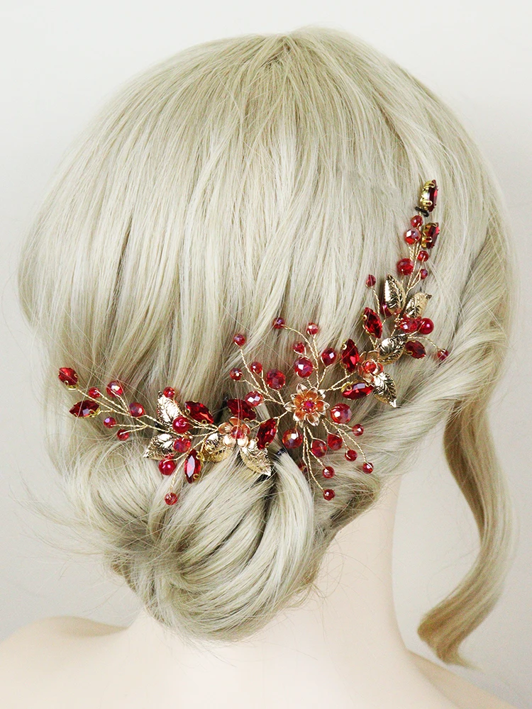 Red Rhinestones Wedding Headband Hair Accessories for Bride Headdress Gold Leaves Handmade Head Jewelry Party Women Headwear