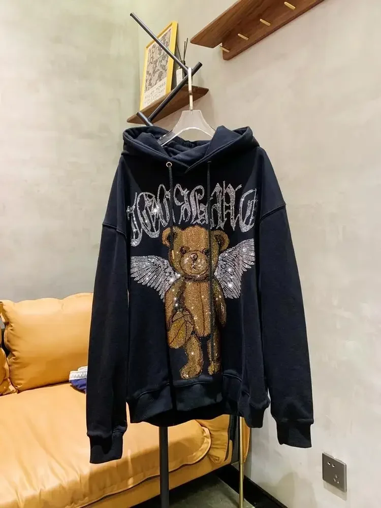 2022 Autumn Winter New Bear Rhinestone Loose Street Tide Brand Sweatshirts Women Fashion Oversized Pullover Black Hoodie Coat