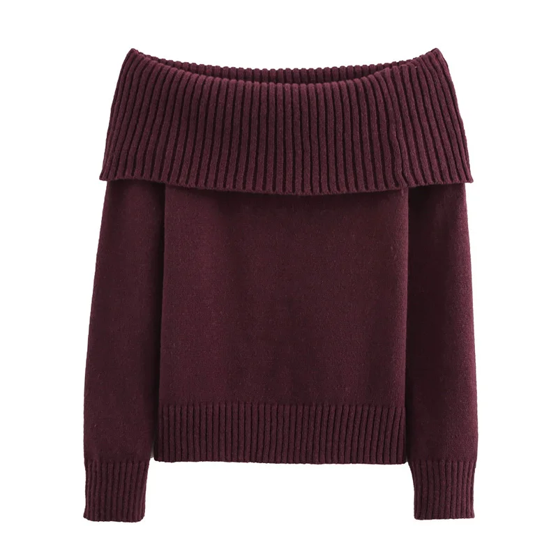 TRAF 2025 New Knit Sweater Long Sleeve Cropped Off Shoulder Sweater Elegant Burgundy Autumn Winter Woman Jumper Short Sweaters