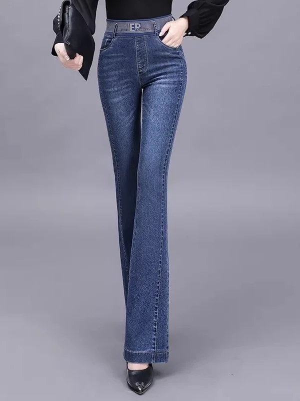 

New Women's High Waist Stretchy Slimming Jeans Floor-Length Micro Flared Pants Spring Autumn Ladies Faion Denim