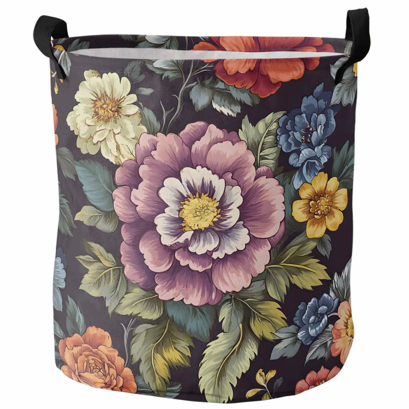 

Black Background Vintage Flower Dirty Laundry Basket Foldable Waterproof Home Organizer Clothing Children Toy Storage Basket