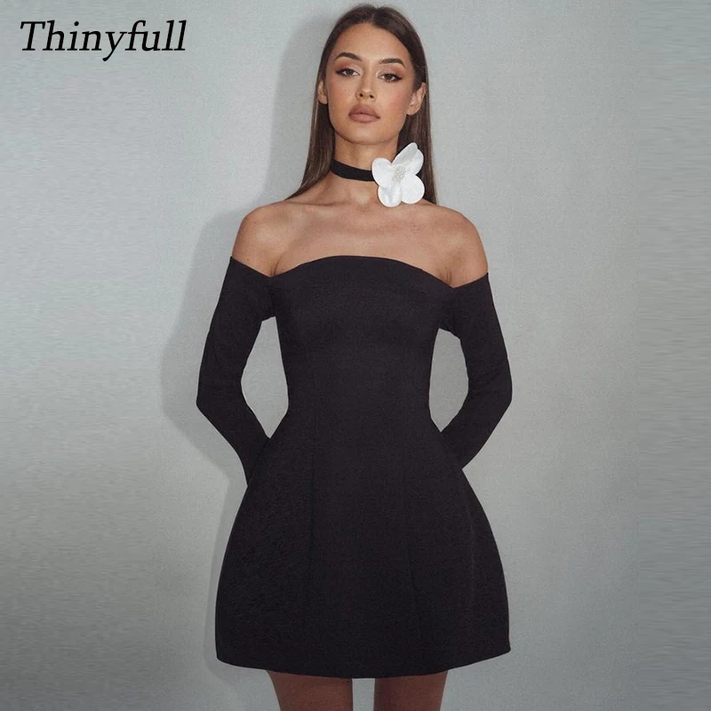 Thinyfull Off Shoulder Short Black Prom Dress A-line Satin Full Sleeves Birthday Party Gowns Mini Cocktail Dresses Customized