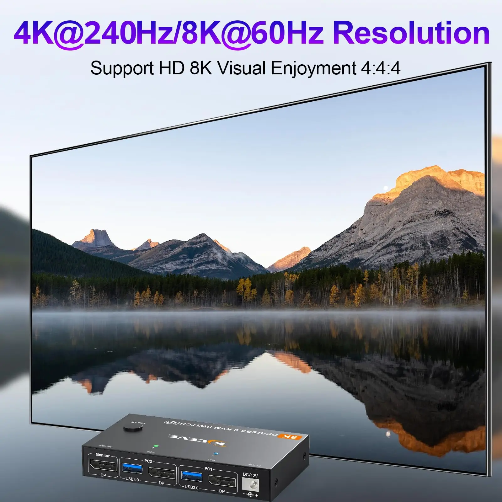 KVM Switch 2 Computer 1 Monitor Displayport 4K@240Hz 8K@60Hz,USB 3.0 KVM Switch Displayport 2.1 for 2 PC Share 4 USB3.0 Devices