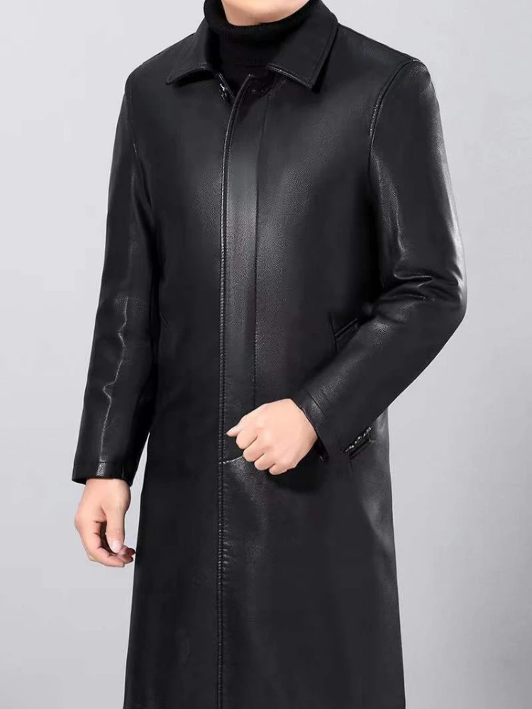 Casaco longo de couro de pele de carneiro masculino importado forrado de pele sintética casaco de inverno engrossado gola virada para baixo na altura do joelho