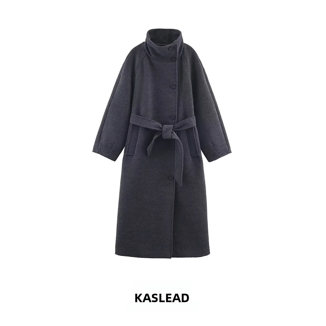 

KASLEAD New Women's Soft Stand Collar Belted Coat Outerwear 30369 Polyester Fiber 00% Autumn Season Faion Ladies' Coat