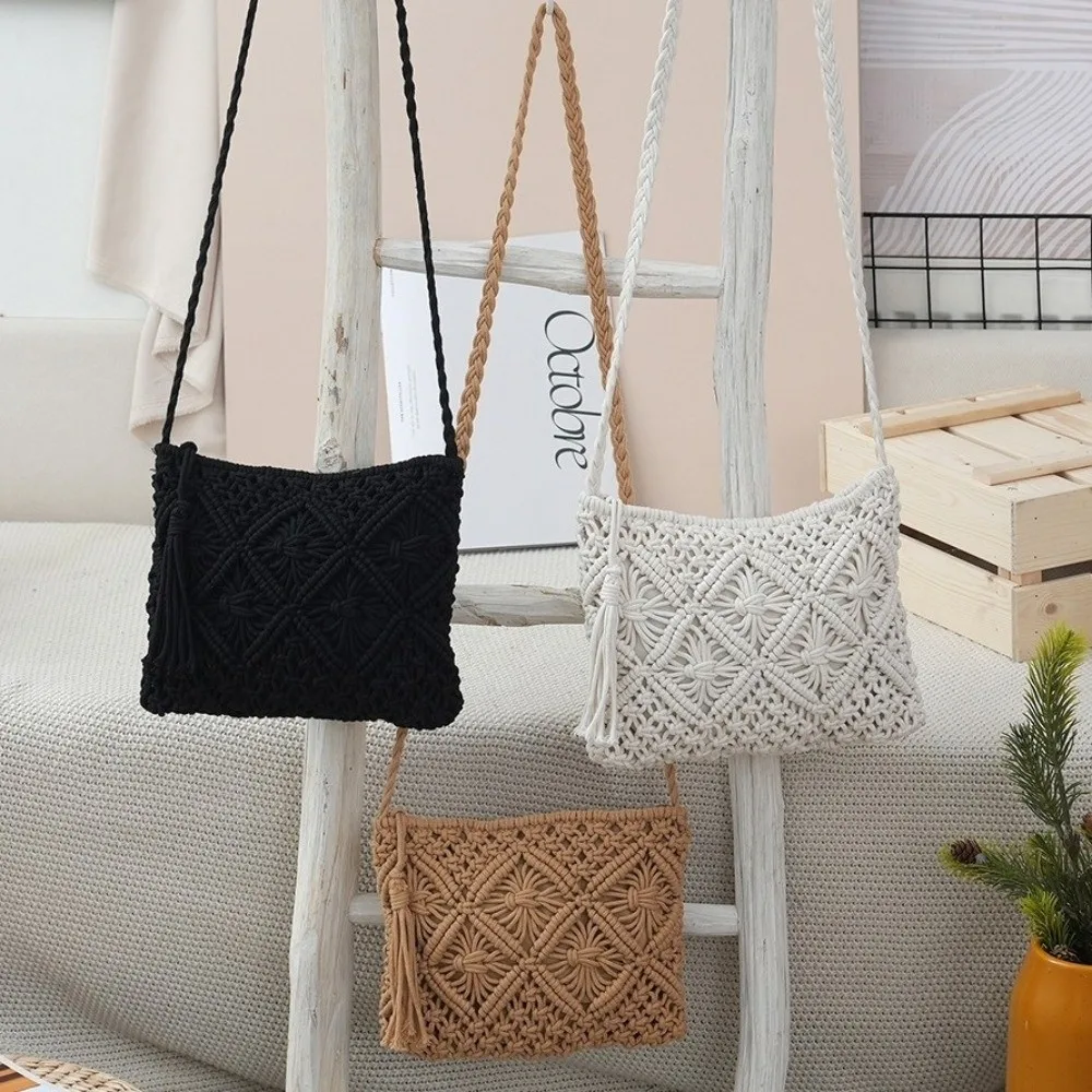 New Retro Style Messenger Bag with Tassel Rectangular Woven Beach Bag Hollow Out Crossbody Bag Travel Use