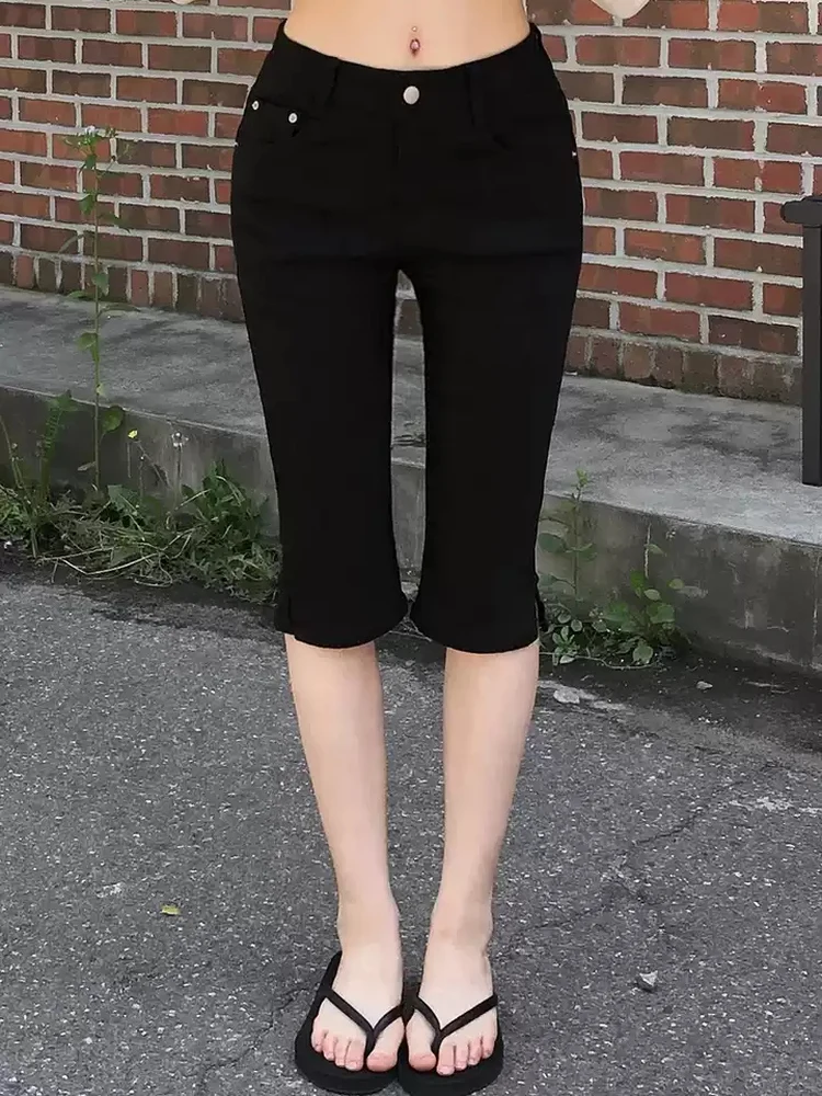 Capri Pants High Waist Cotton Stretch Denim Side Slit Pockets Casual Women's Elastic Mid-Rise Jeans Black Seven-Foot Length