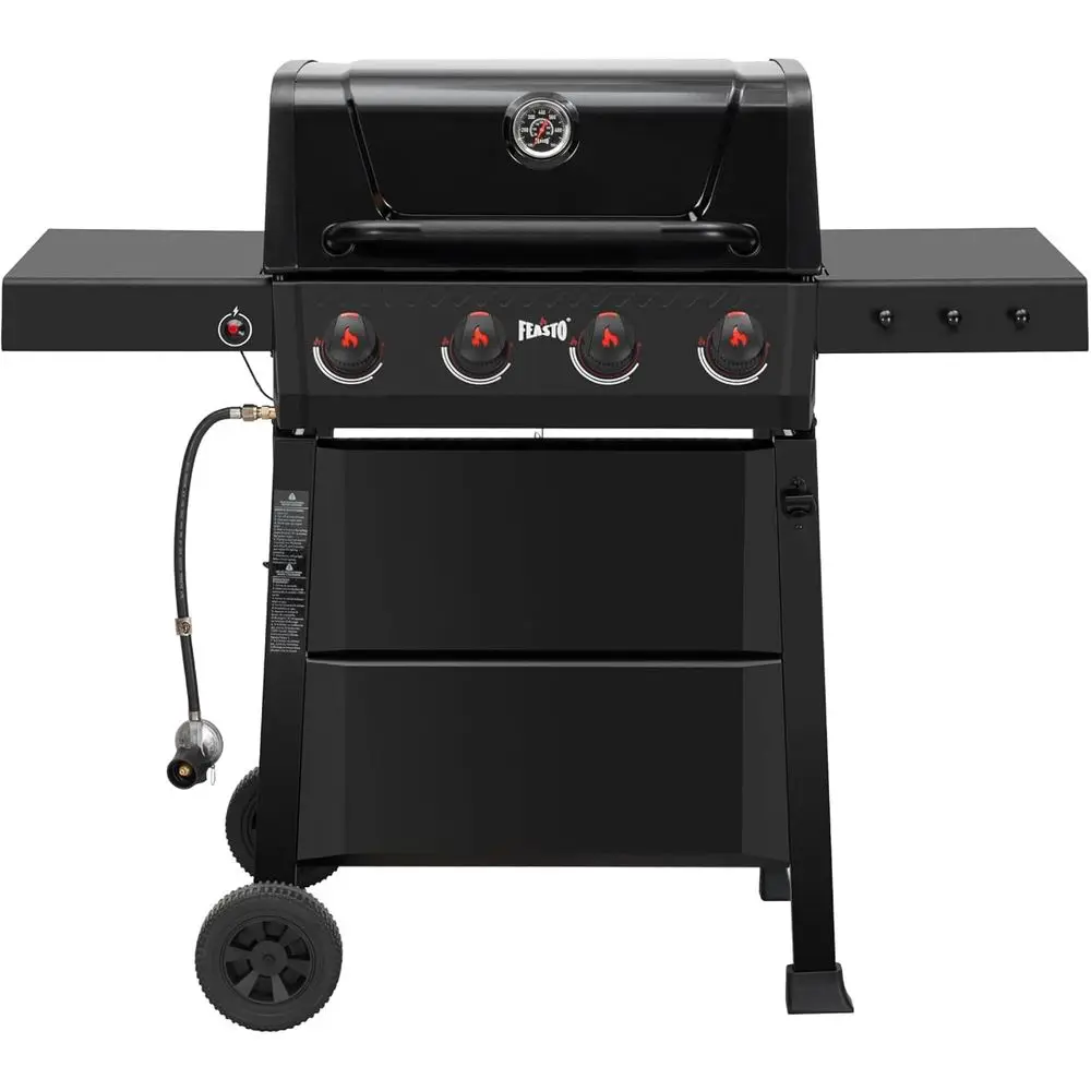 

Премиальный газовый гриль на 36 000 BTU с 4 конфорками, боковым столиком и эмалированной камерой для использования на открытом воздухе и в походах