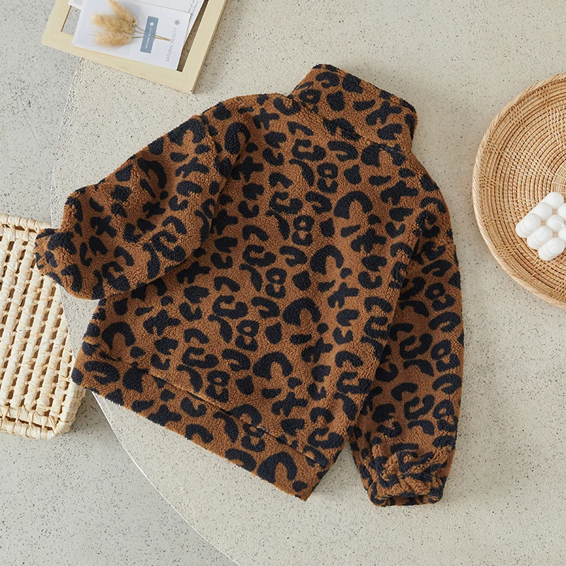 Suefunskry Toddler Girl Boy Winter Warm Coat Fuzzy Long Sleeve Stand Collar Leopard Print Zipper Closure Kid Outwear 3-7Years image 2