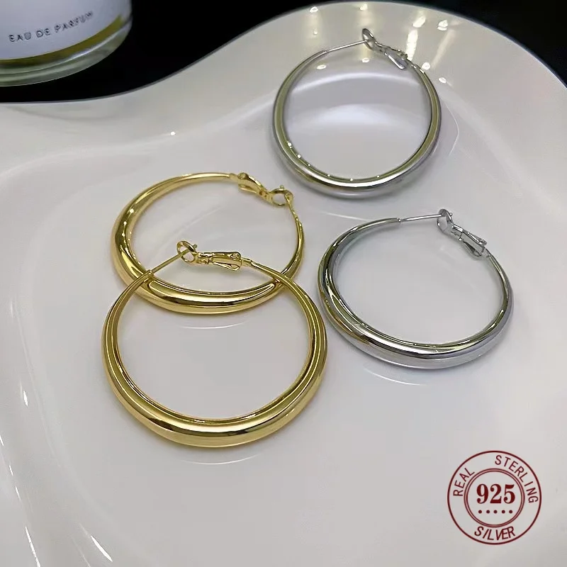 Real Gold Hoop Earrings For Women Wedding Gift Party Collection 925 Sterling Silver Cерьги Kольца 18K Gold Rings  Jewelry S0037