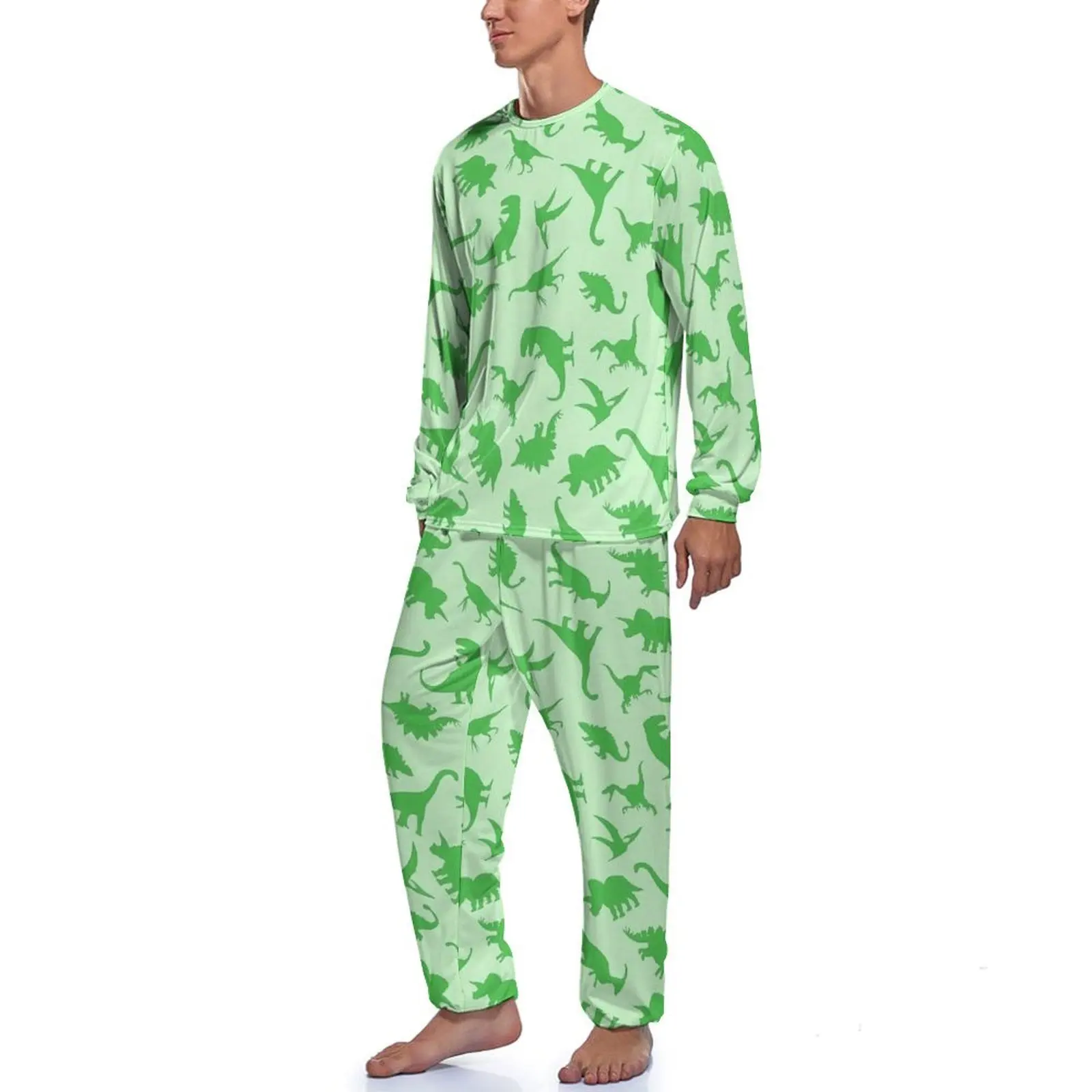 Green Dinosaurs Pajamas Daily Cute Animal Casual Home Suit Men 2 Piece Graphic Long Sleeve Cute Pajamas Set