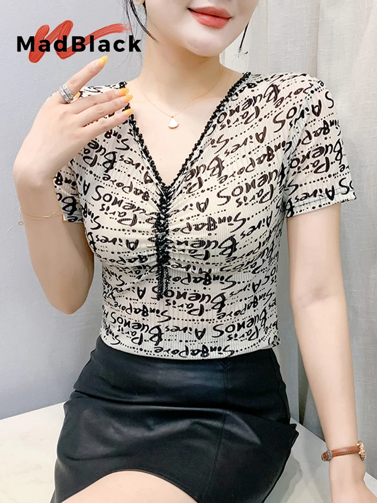 

MadBlack-Women's European T-Shirt, Sexy V Neck Beading Print, Streetwear Short Sleeve Slim Mesh S-3XL Tee, 2025 Summer T55563CC