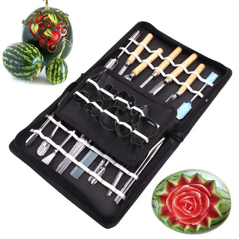 

46Pcs/Set Vegetable Fruit Culinary Carving Tools Durable Stainless Steel Blade Wooden Handle Watermelon Cutting Slicing DIY Tool