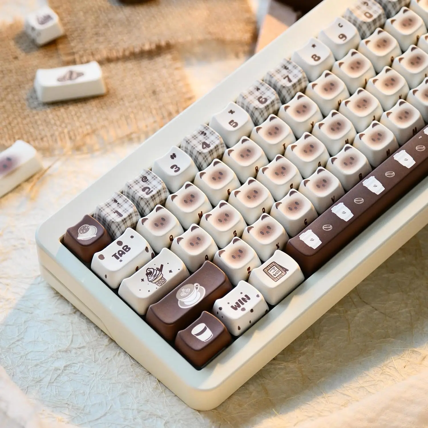 Coffee Theme Cat Keycaps 133 Keys Cute Cat Shaped PBT Keycaps for Cherry Gateron MX Swithes Mechanical Gaming Keyboards