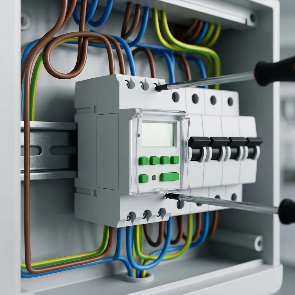 220V Weekly Programmable Timer Switch DIN Rail Mount LCD Display 50 60Hz 7 Day Cycle for Elevator and Escalator Control