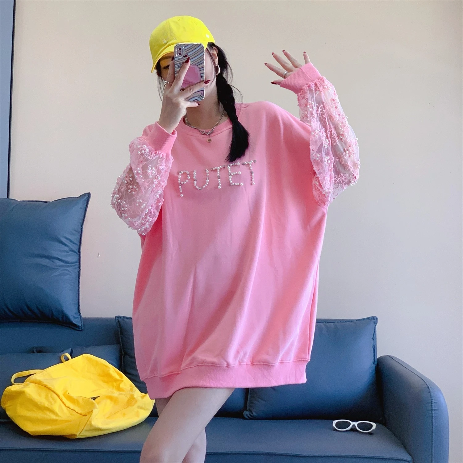 Korean Style Heavy Industry Beaded High-End Mesh Casual Top Spring and Autumn New O-Neck Sweatshirt For Women's Kawaii Hoodies