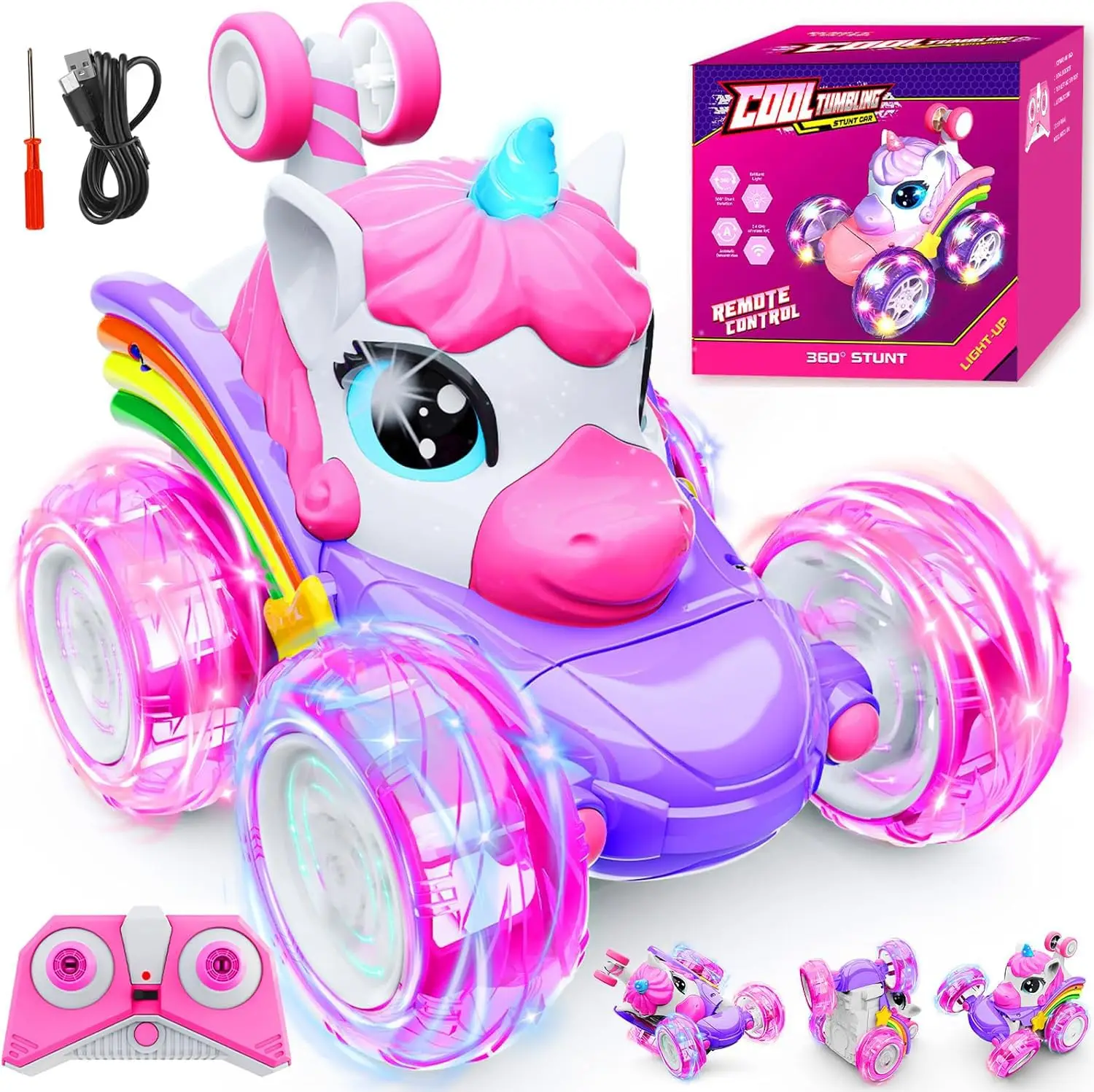 

Unicorn RC Car for Girls 360° Rotating 4WD Stunt Toy with Cute LED Lights USB Rechargeable 2.4GHz Remote Control Birthday Gift