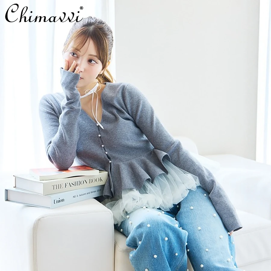 

Японский милый женский вязаный кардиган с v-образным вырезом и подолом-фонариком, короткий вязаный кардиган с рюшами и длинными рукавами + жилет, комплект из двух предметов, осень 2023, новый стиль