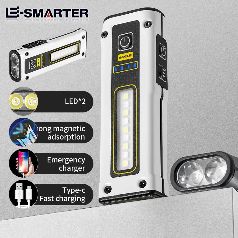 Mini Multi-function Flashlight Dual LED Source Working Light Type-C RechargeableTorch Strong Magnet Emergency Power Bank Lantern