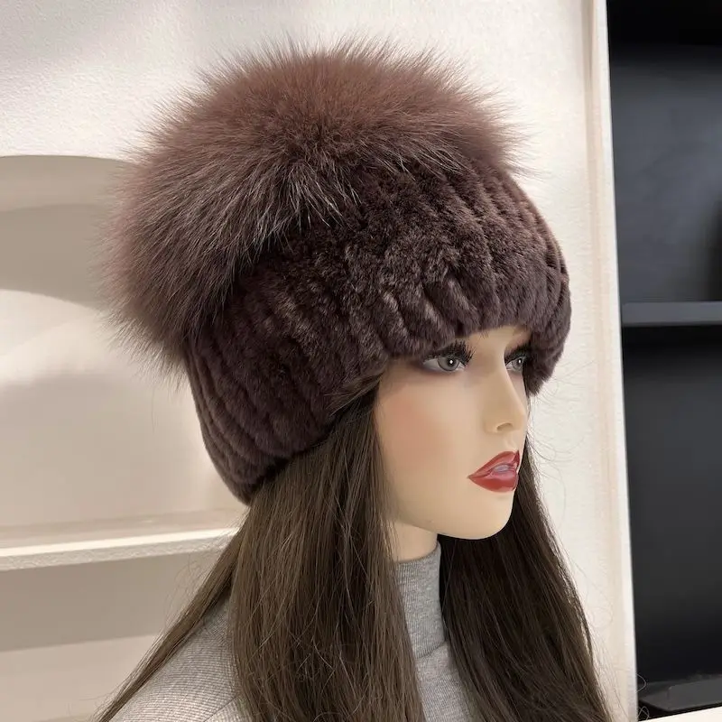 Good Elastic Natural Fluffy Silver Fox Fur Hat New Winter Women Knitted Real Rex Rabbit Fur Hats Lady Real Fur Cap Wholesale