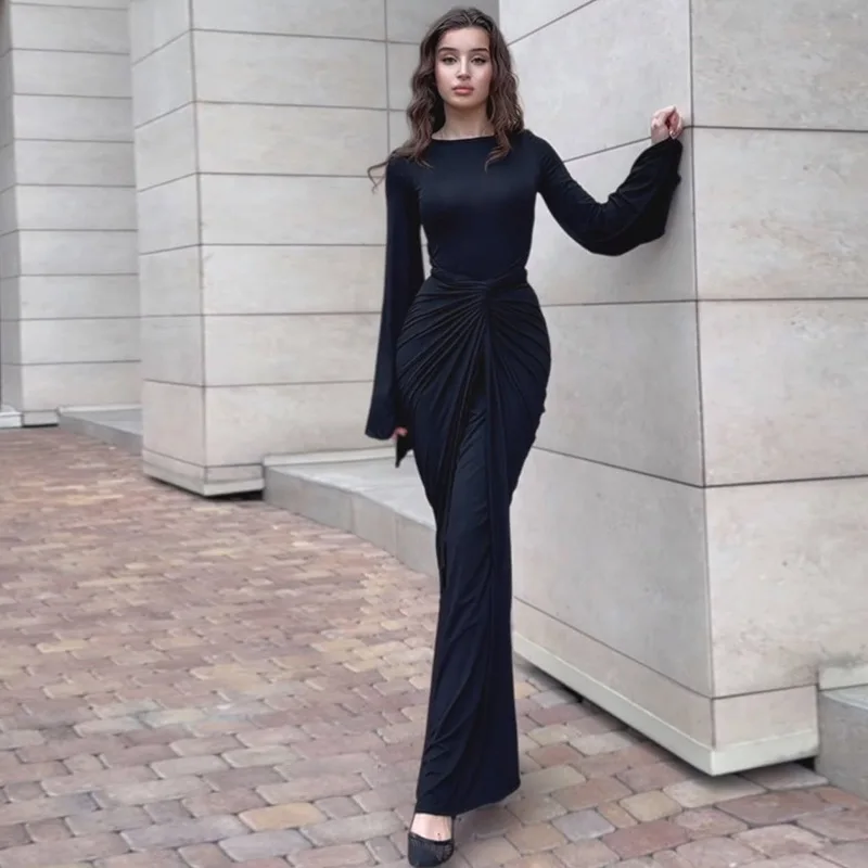 Blifanbo Herbst Elegante Geraffte Maxi Kleid Für Frauen Lace-up Langarm O Neck Bodycon Langes Kleid Schlank Neue fashion Solid Vestido