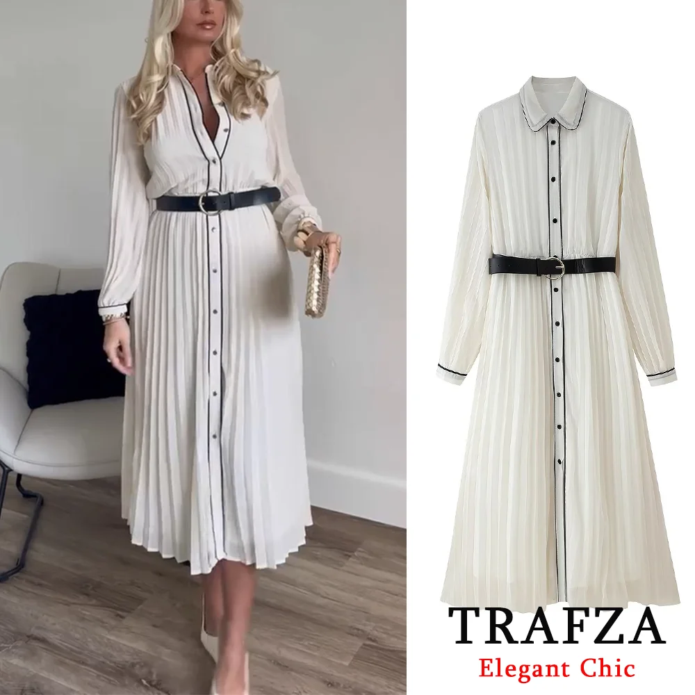 TRAFZA-Women Elegant Pleated Shirt Dress With Belt Midi Dress New 2025 Spring Fall Fashion Party Date Commuter Long Dress