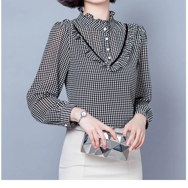 Korean Version New Temperament Elegant Versatile Top Fashion Trend Ruffle Collar Long Sleeve Simplicity Commuter Pullover Shirt