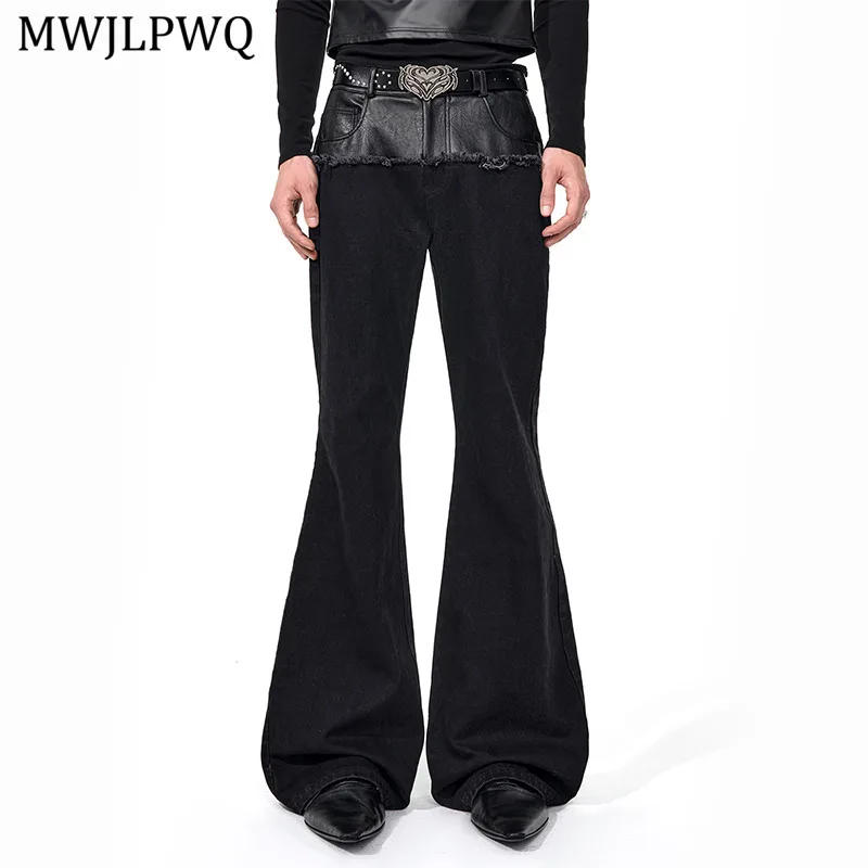 

MWJLPWQ Patchwork Leather Flared Jeans Men High Street Autumn Tide Slimming Hiphop Casual Pants 2025 New Denim Trousers 11581