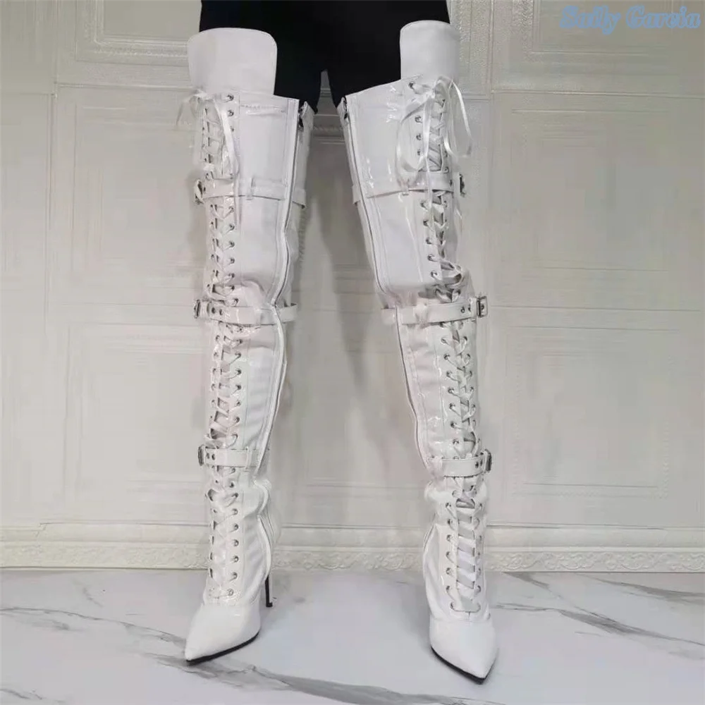 

Patent Leather Metal Lace Up Buckle Decoration Zipper Boots Stiletto Heel Pointed Toe Over The Knee 2024 Hot Sale Winter Shoes