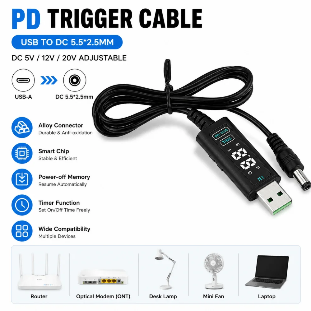 DC 5V 12V 20V Adjustable Voltage Fast Charging Cable USB/Type-C to DC 5.5*2.5MM Suitable for Optical Modems, Routers and Laptops