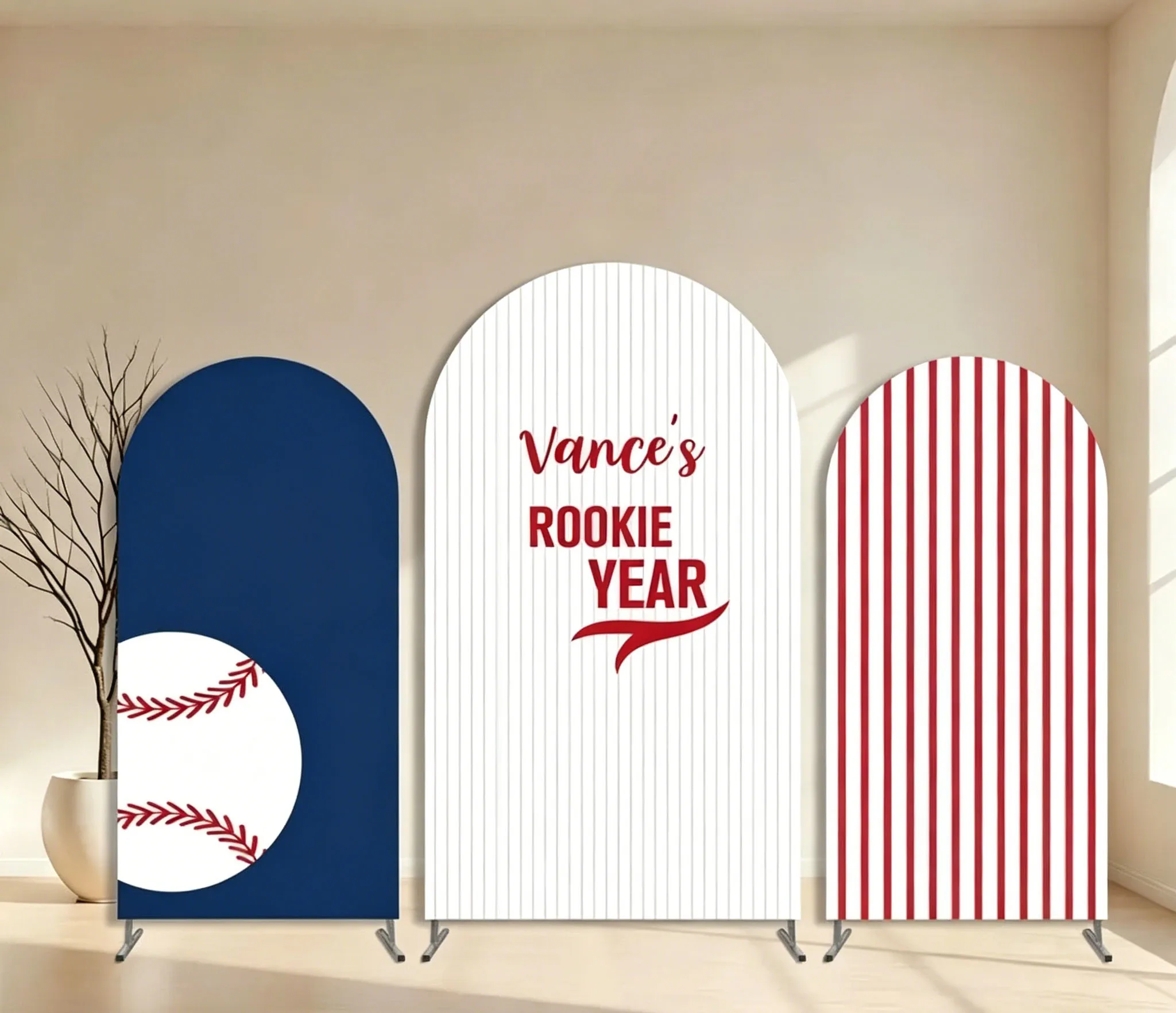 Custom 2-Side Rookie of the Year Boy Sport Party Arch Backdrop Cover Baseball Red and White Stripes Birthday Party Decor