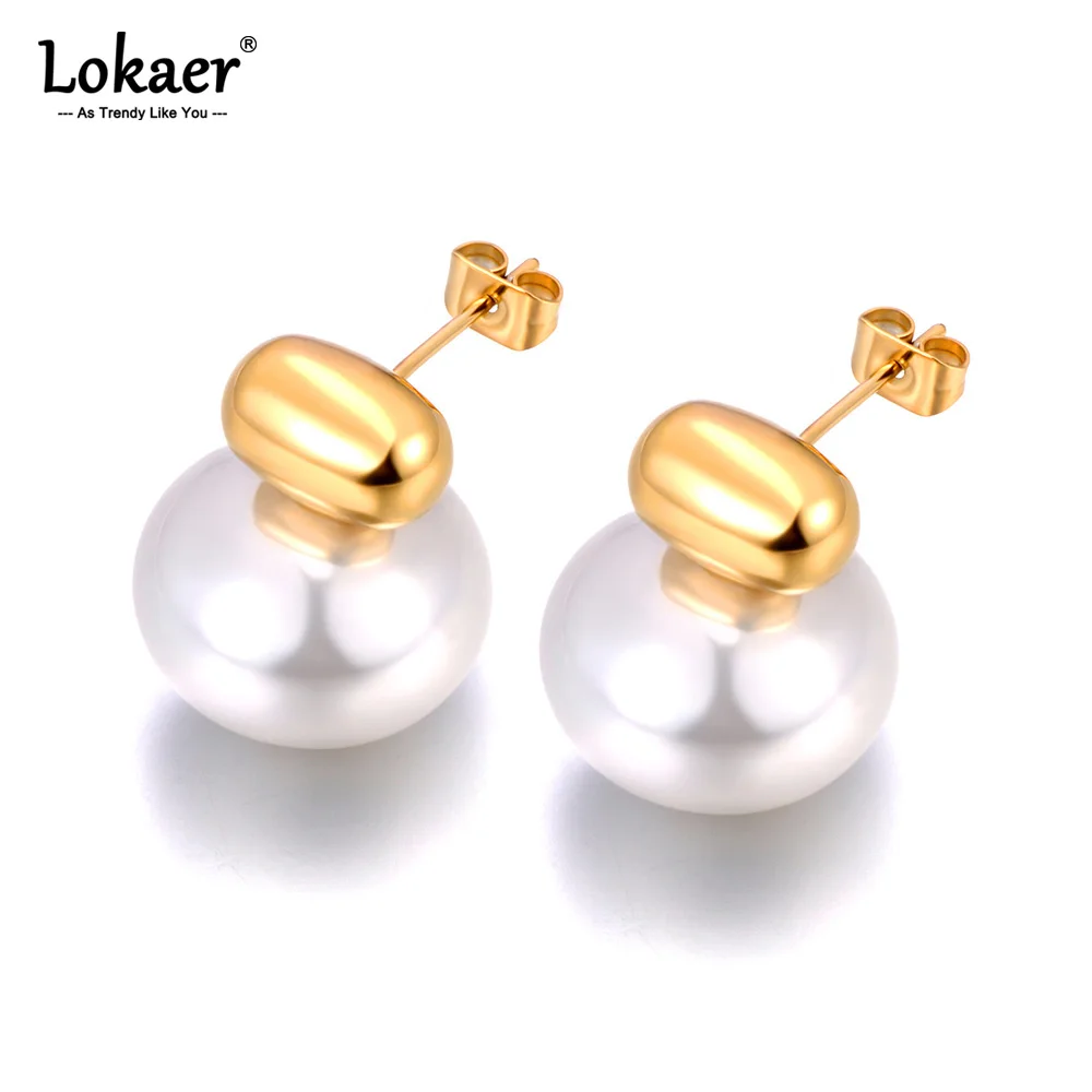Lokaer Hohe Qualität Weiß Imitation Perlen Edelstahl Koreanische Stud Ohrringe Charms Mode Schmuck Bijoux Femme Geschenk E24127