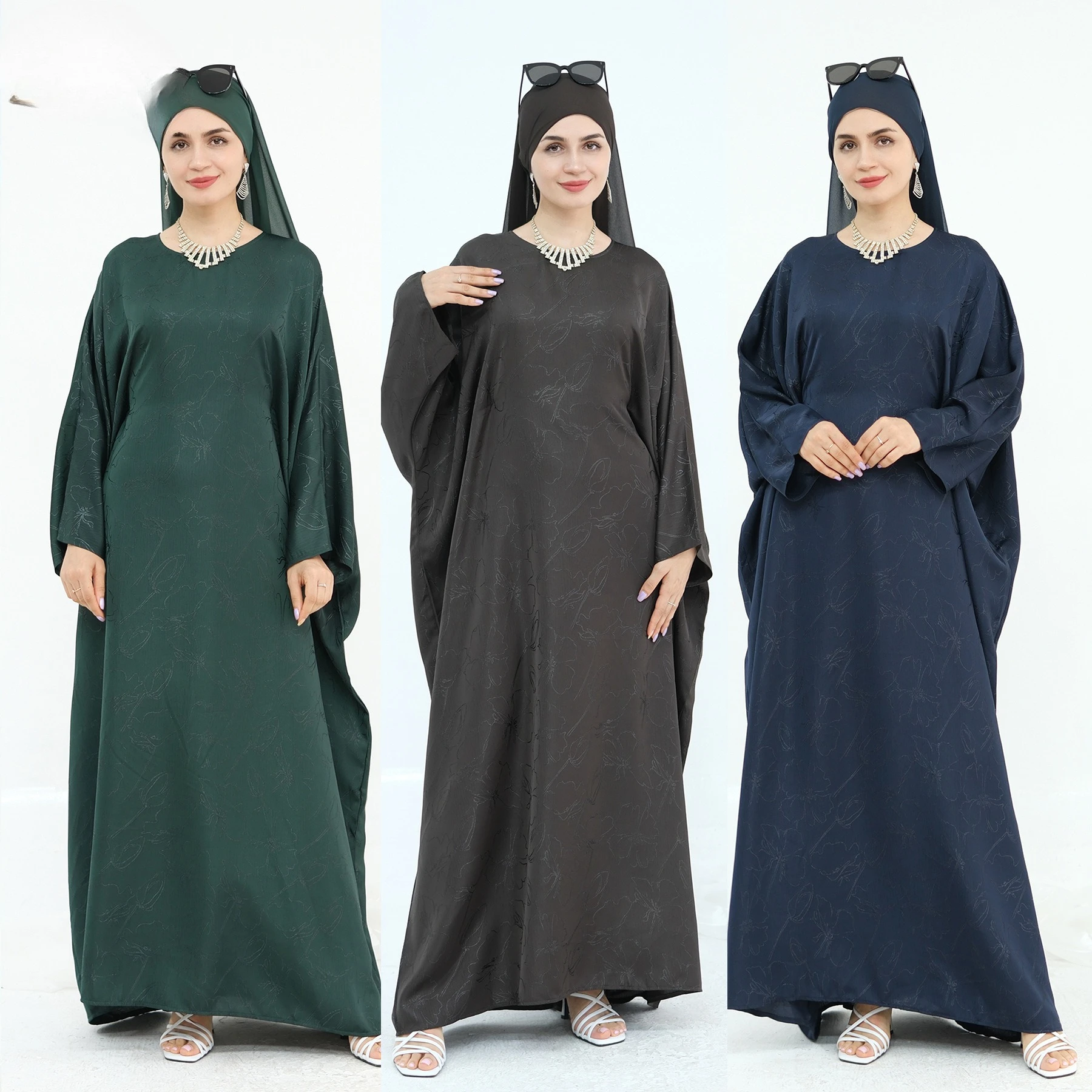 طقم أزياء إسلامية 2 قطعة طقم حجاب عباية من الساتان بأكمام على شكل فراشة فساتين طويلة ملابس يومية دبي عباية قفطان فستان متواضع بدلة وشاح