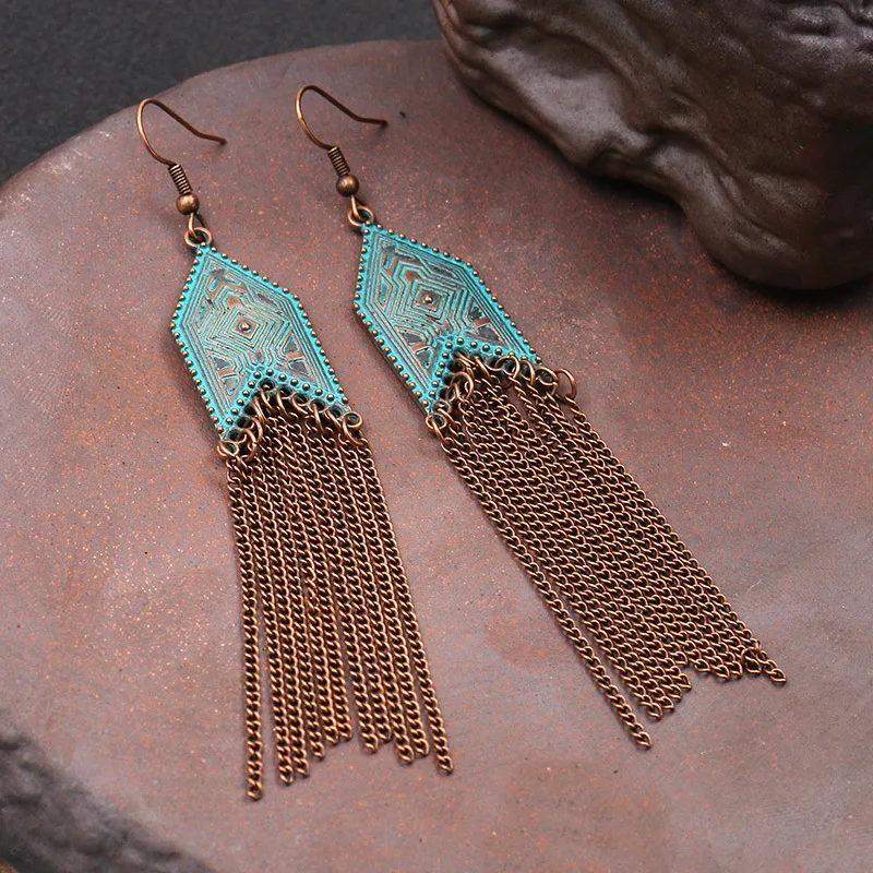 New Silver Color Chain Earrings for Women Vintage Ethnic Antique Carved Geometric Gypsy Long Earrings Indian Jhumka Jewelry Gift