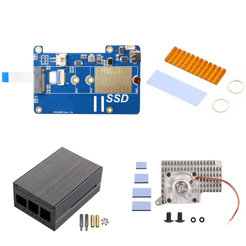 

MPS2280P PCIE M.2 NVME SSD HAT+SSD Heat Sink+PI5 Fan For Raspberry Pi 5 Support 2280 2230 2242 Gen 3