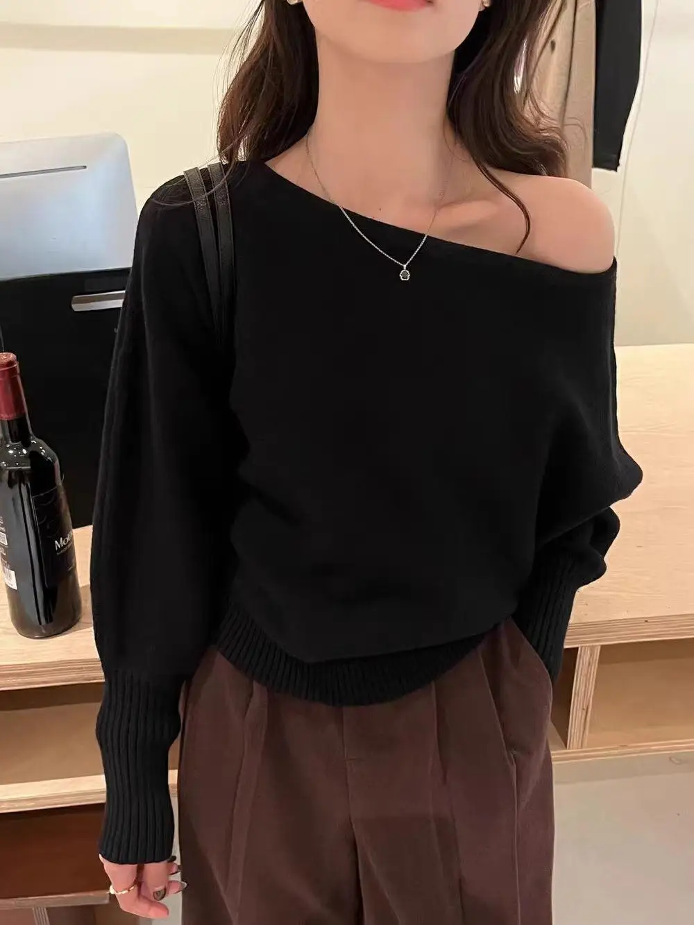 Batwing Long sleeve Knitted Pullover Women 300g Thick Off shoulder Top Korean Fashion Sweater Loose Casual Autumn Outwear Pull