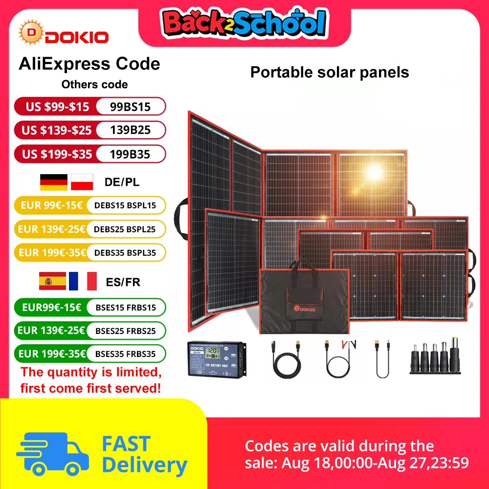 DOKIO Pannello Solare Portatile 80W 100W 150W 200W 300W Solar Panel+12V Solar Charger Panelli Solari Pieghevoli Per Camping,Power Bank,Boat Panneau Solaire Kit Complet