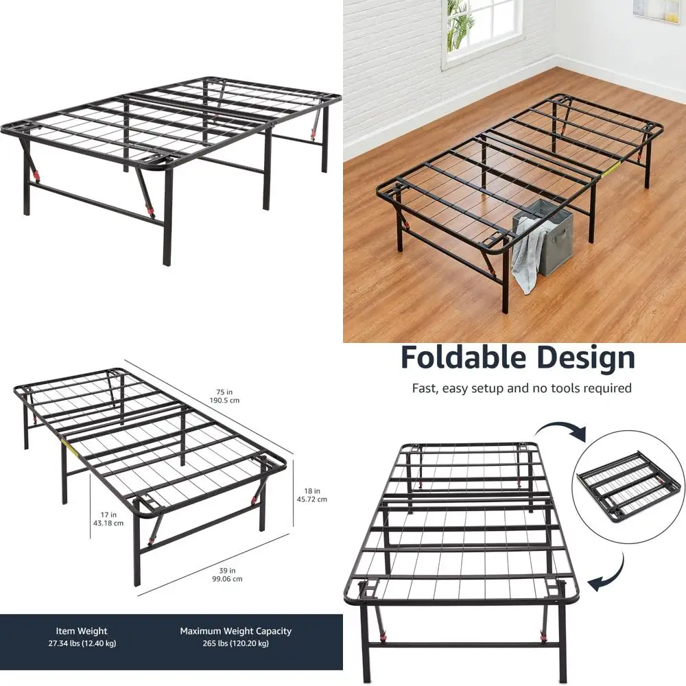 Folding Steel Bed Frame with Storage, Platform Style, No Box Spring Needed, 18 Height, Easy Assembly