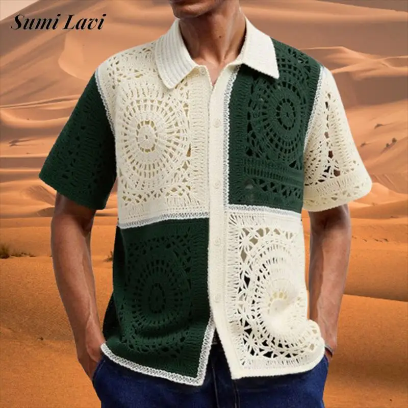 2025 Summer Outdoor Casual Shirts Men's Knitting Short Sleeve Lapel Buttoned Cardigan Tops Men Vintage Contrast Color Knit Shirt
