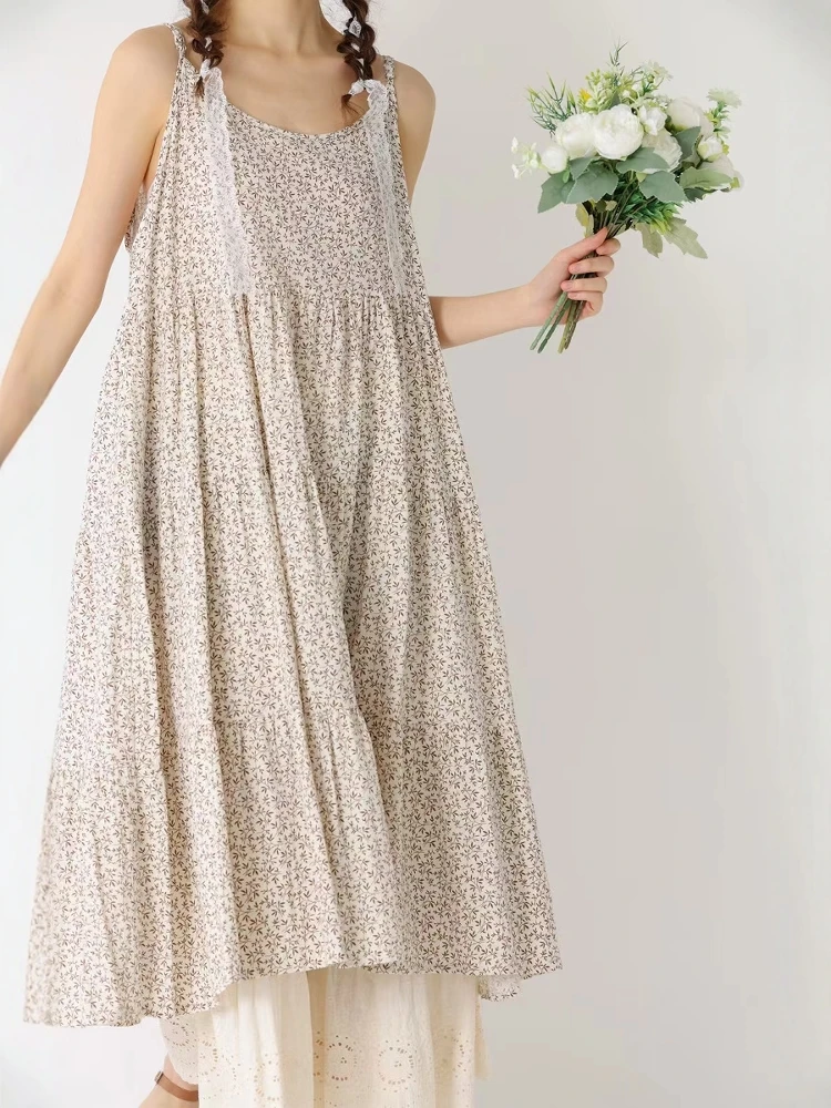 레트로 플로럴 루즈 코튼 선드레스 스윗 슬레 오프숄더 원피스 봄 여름 캐주얼 편안한 순면 드레스