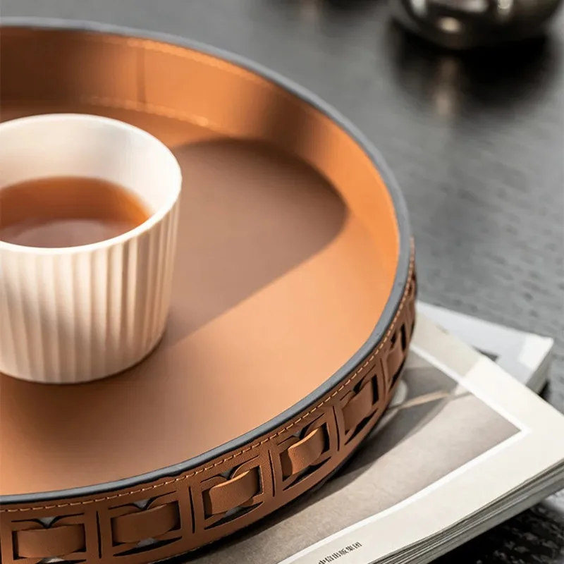 Light Luxury Round Leather Storage Tray Desktop Organizer Keys Cosmetics Jewelry Modern Home Decor